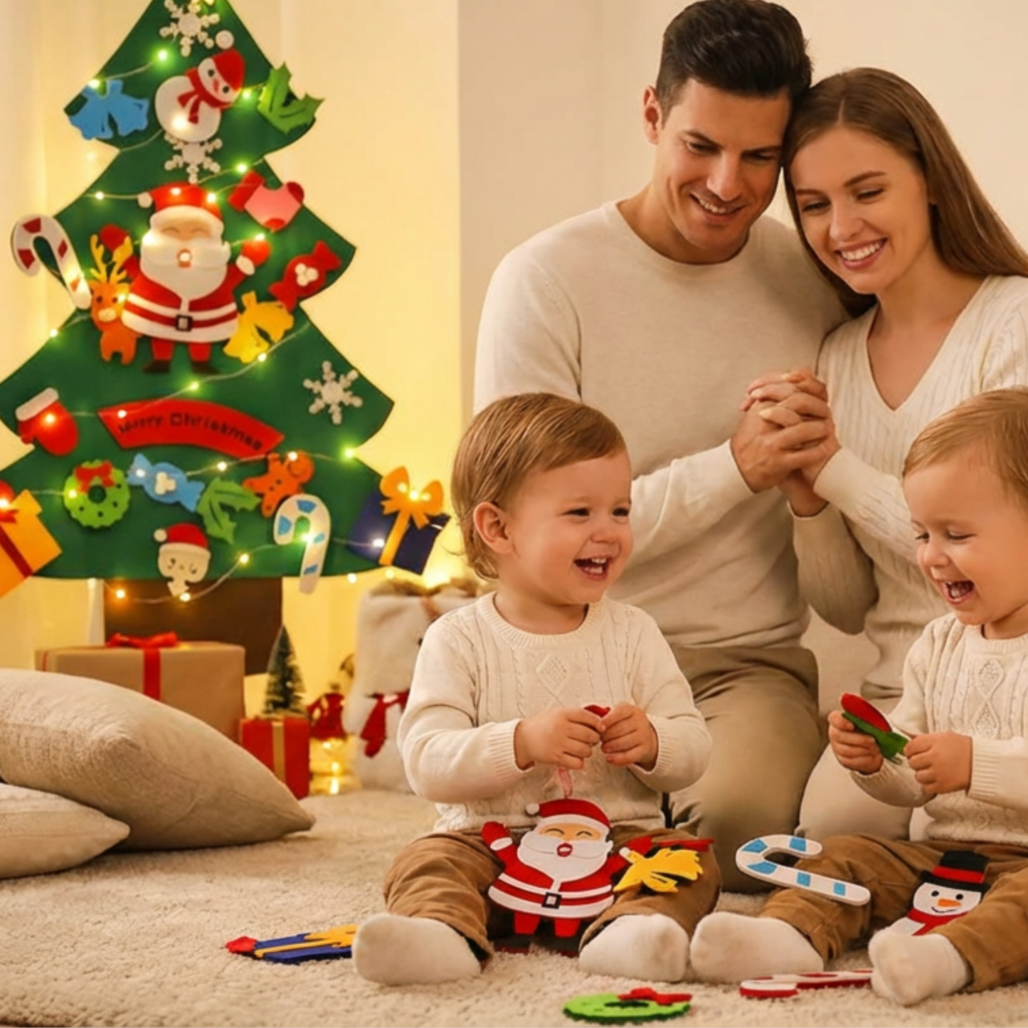 Árbol de navidad de fieltro con 25 adornos + luces de 3m