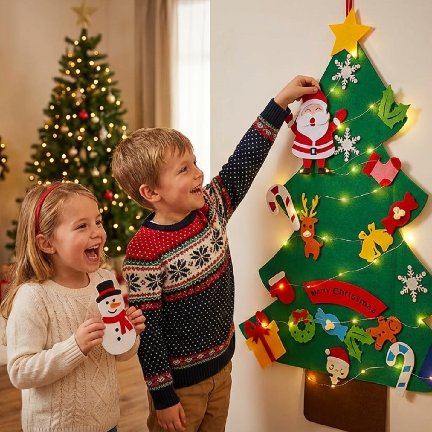 Árbol de navidad de fieltro con 25 adornos + luces de 3m
