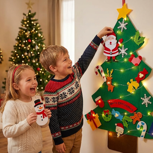 Árbol de navidad de fieltro con 25 adornos + luces de 3m